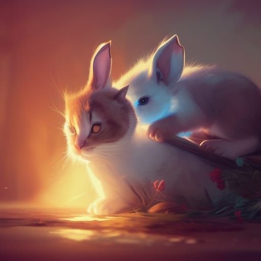 A cute bunny and a cut kitten dreaming together ; 8k resolut...