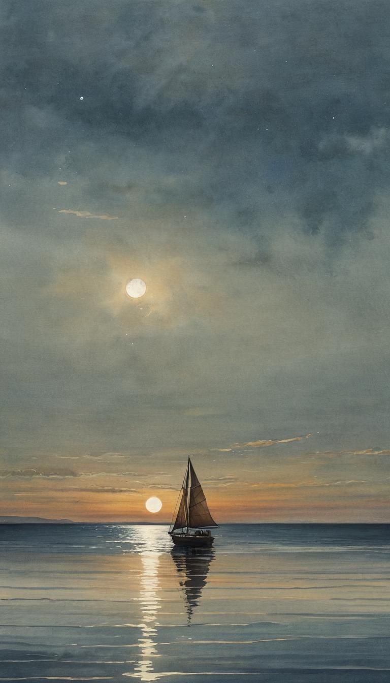 A watercolor depicting the searing horizon, moon dipping its...