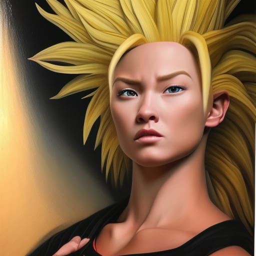 very realistic, very beautiful female super saiyan, realisti...