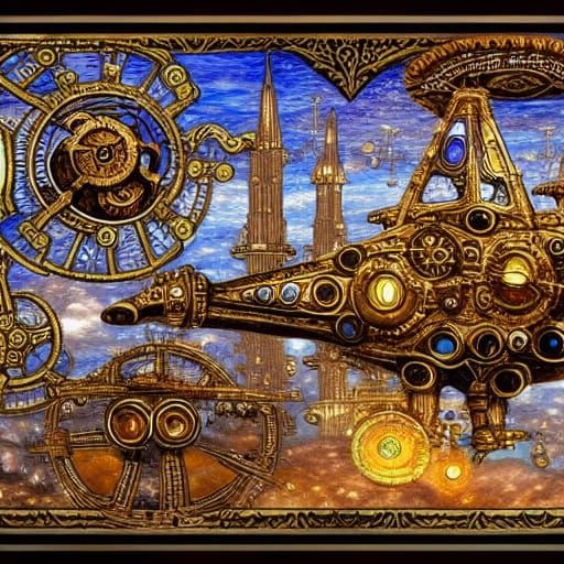 Filigree steampunk spaceships above the city 1