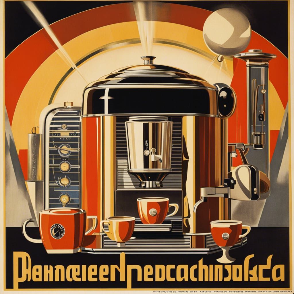 German coffee machine, retrofuturism, in style of 1930s advertisment ...