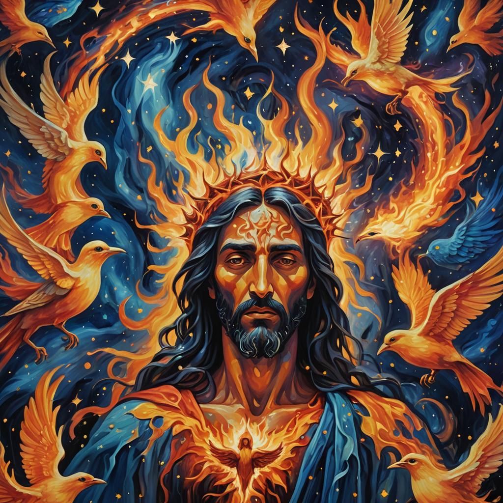 Jesus djinn creature made of flames birds stars
