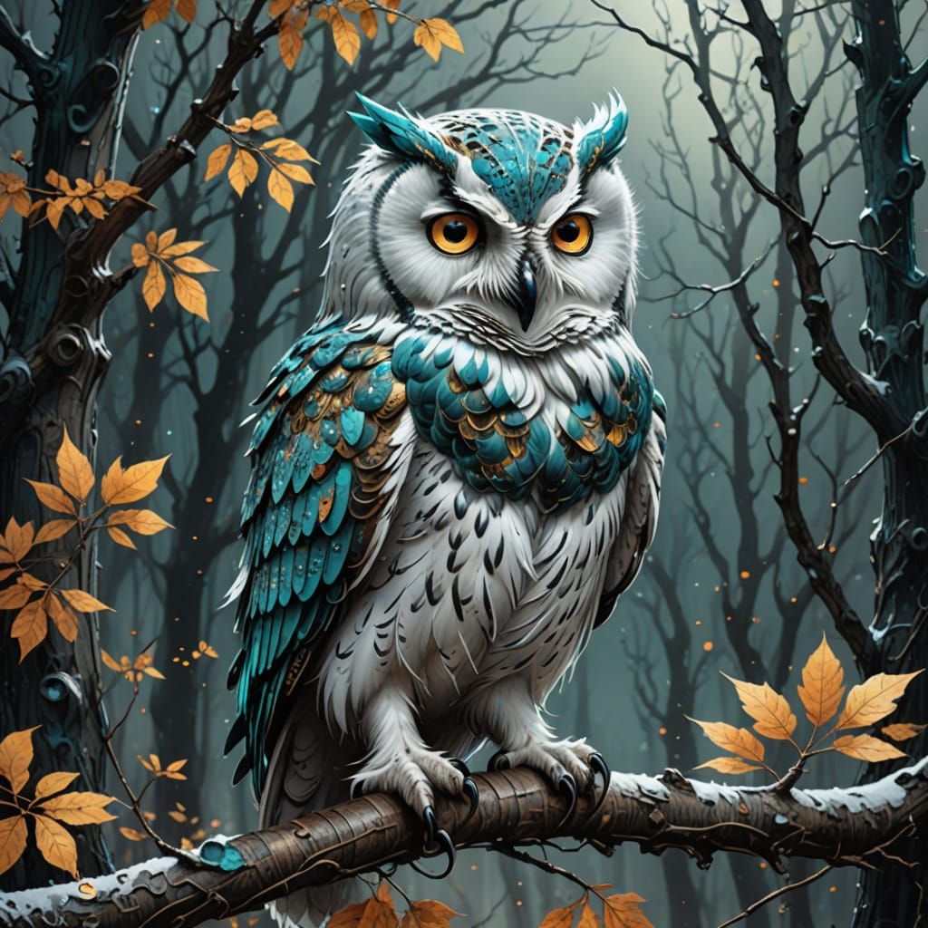 Hyperrealistic Snow Owl in Autumnal Harmony