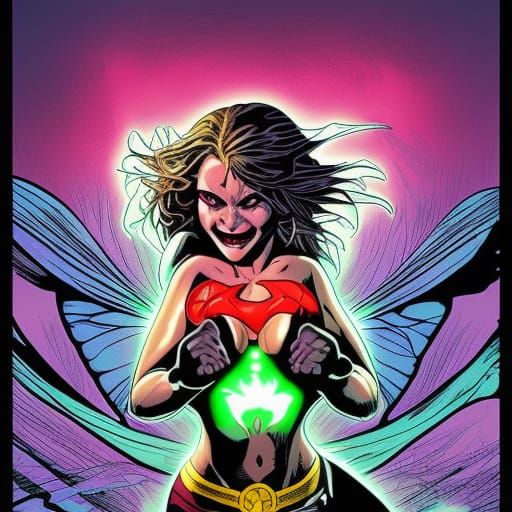 Butterfly girl, glowing fists, comic book strip, fighting jo...