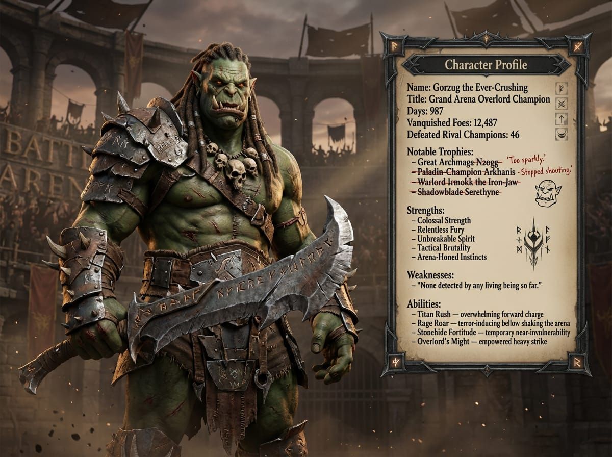 Gorzug the Ever-Crushing, bearing the title “Grand Arena Ove...