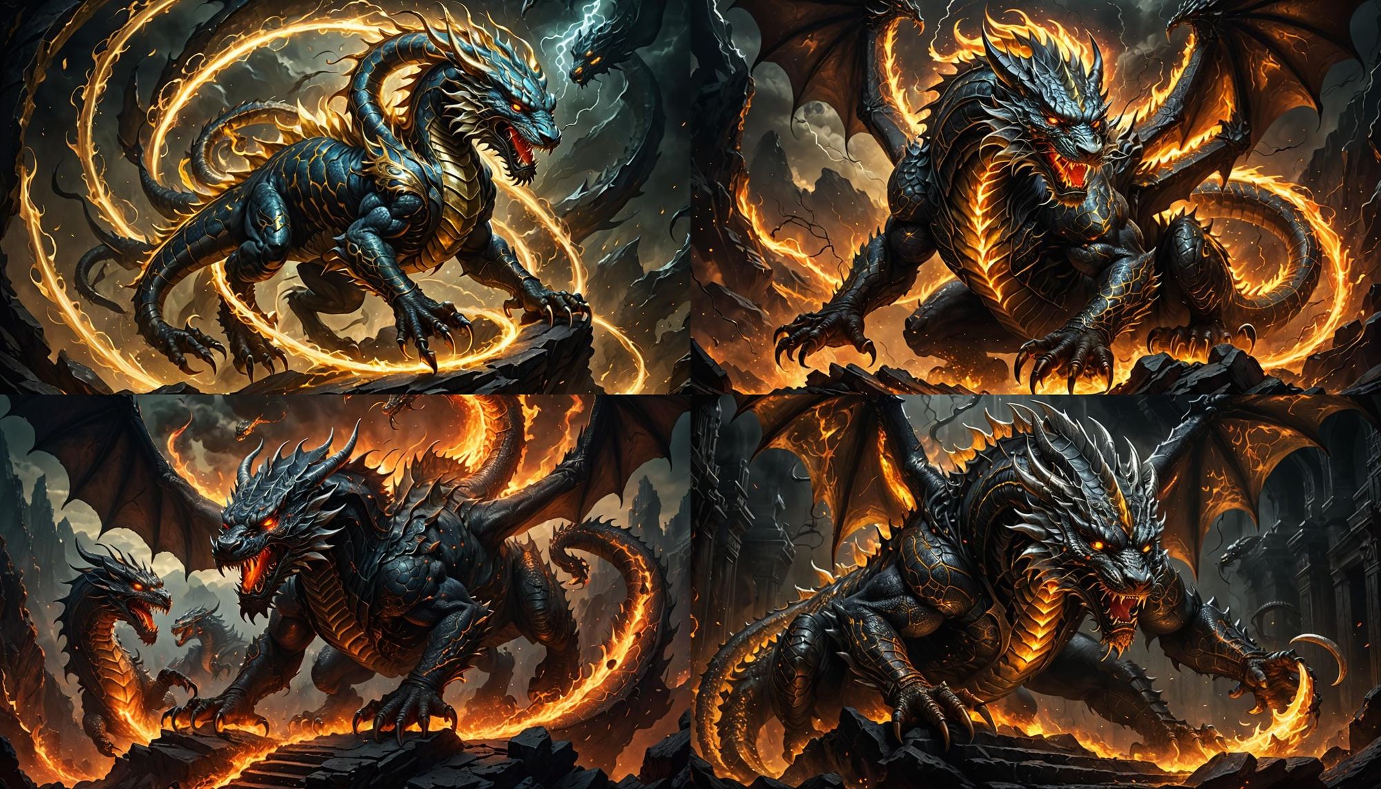 Dark fantasy concept art. Medium shot. A divine silver dragon, ebony elephant and glowing gold tiger hybrid in intricate, ornate fantasy bat...