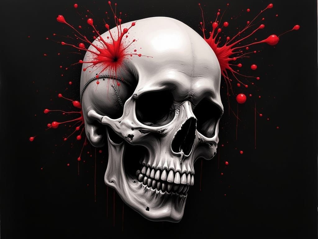  skull, Charcoal, ink, grey and red , in the style of a really edgy artist. black background, grey shading (Lomographic:1.4) (Deprivation Am...