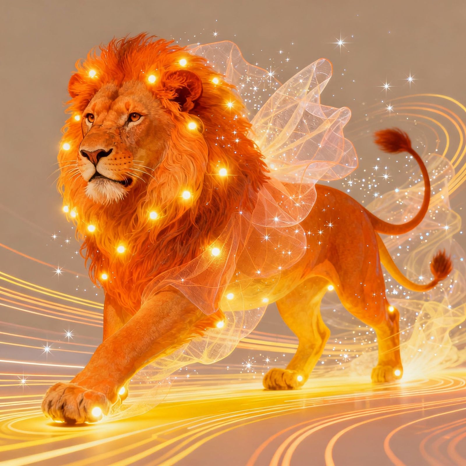 Orange lion with lights, in the style of kinetic lines retro futuristic, in light orange and yellow, trompe-l'œil illusi...