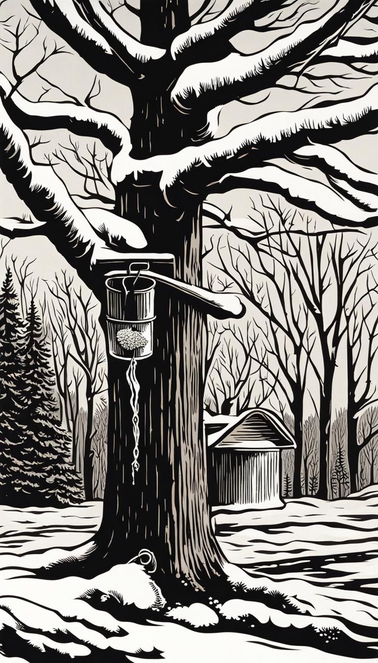 (((woodcut))). eye level close up of a single maple tree tha...