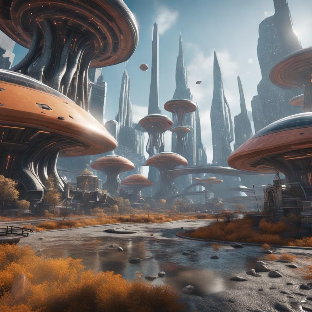Extremely photo realistic alien city that one half has now a...