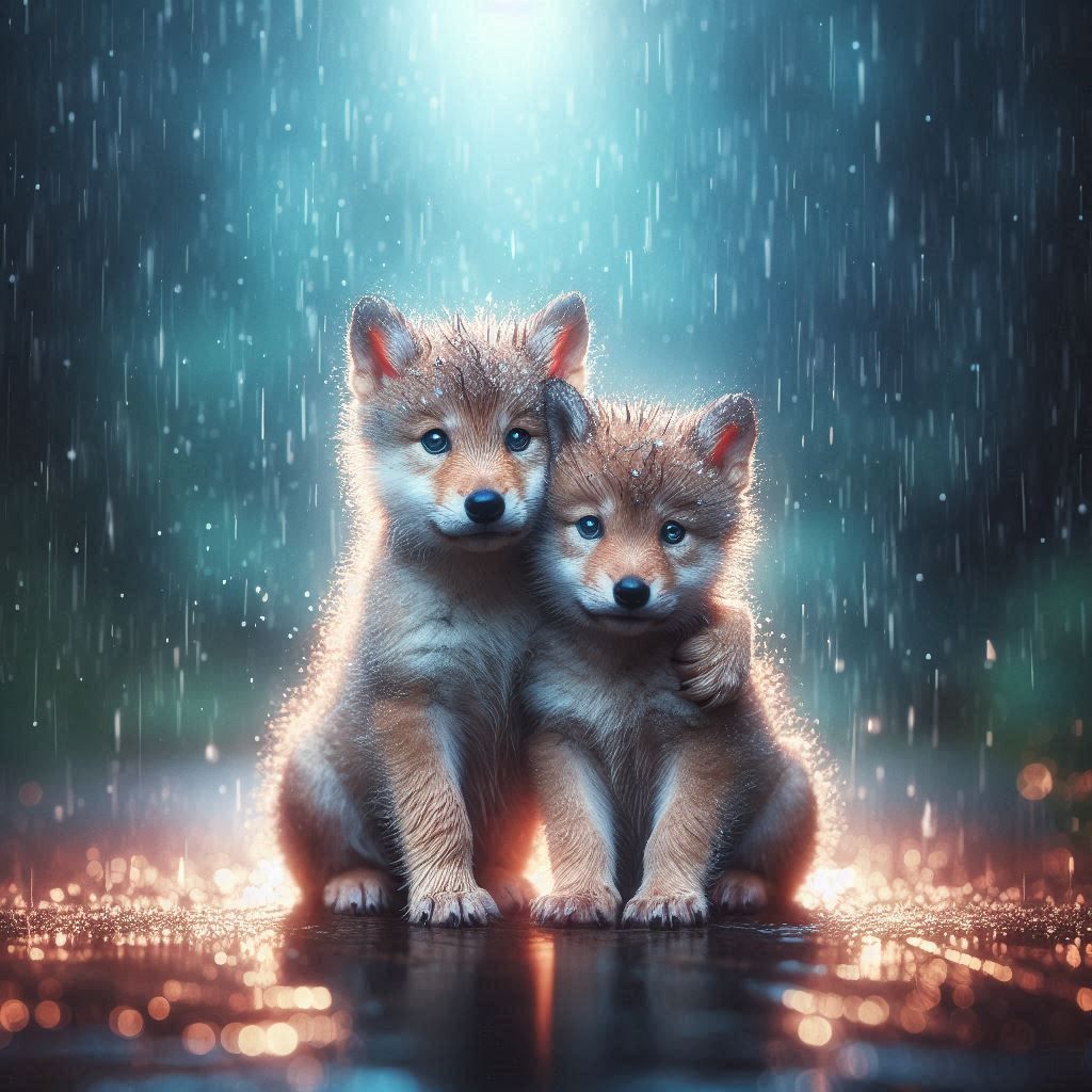 Wolf Cubs under the Rain