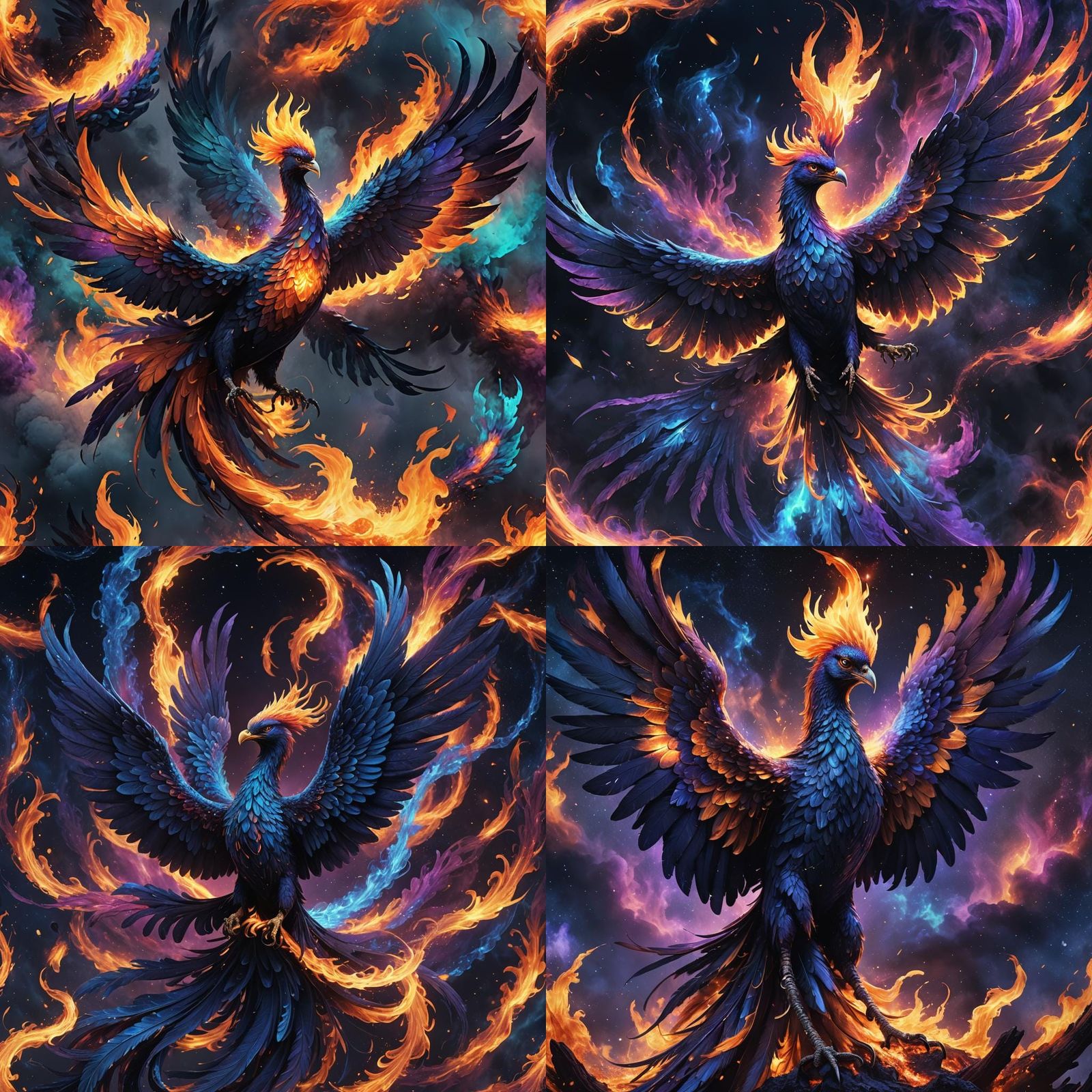 a Phenix made of dark blue fire mixed with nebular colours w...