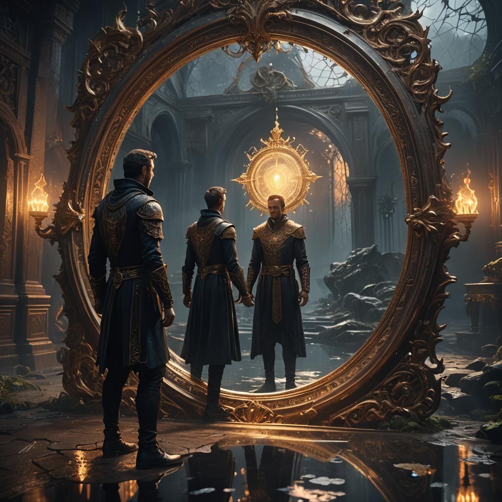 A person with a light essence looks at his reflection and se...
