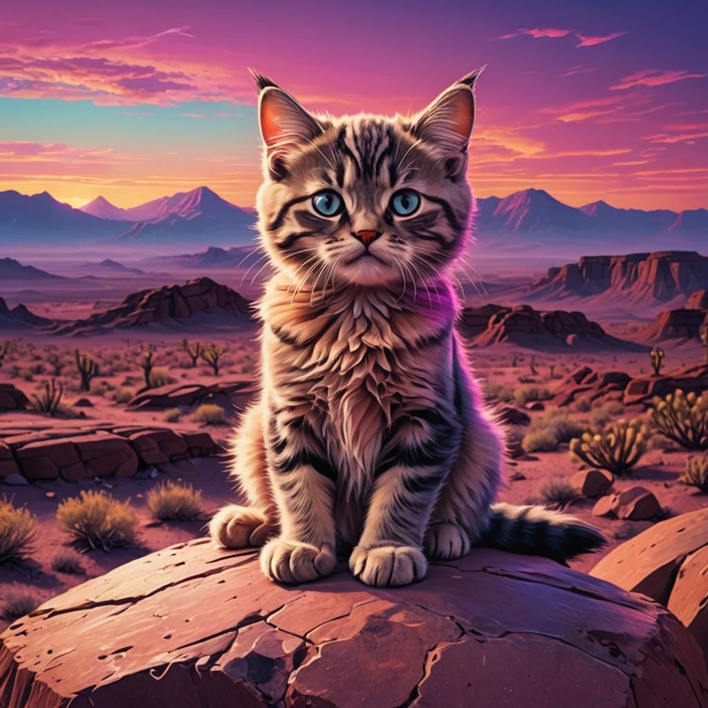 A Grumpy Kitten sitting on a rock, stunning desert sunset. E...