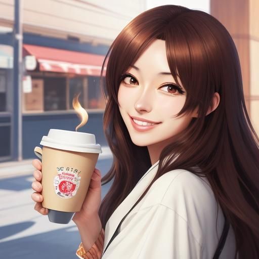 a coffee cup and a cute girl, A lovely girl with a bright sm...