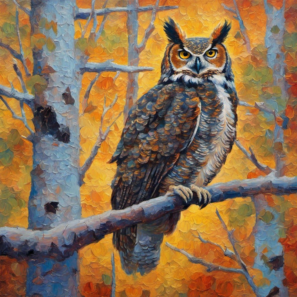 Great Horned Owl Perched on Tree Limb Aspen Trees Sunlight