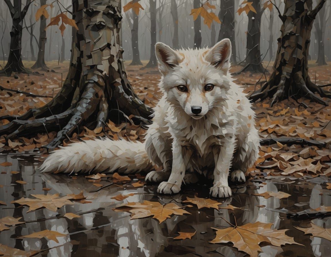White Fox in the Puddle.  by @Victoria K