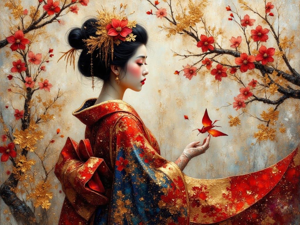 Japanese Geisha with Sakura and Paper Cranes  by @Fiona Etkin 1974 