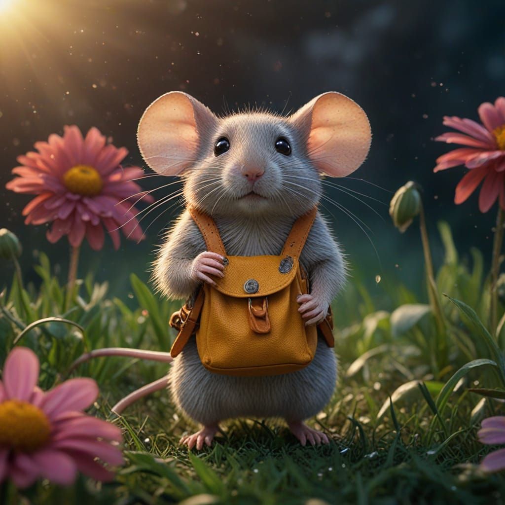a mouse in the middle of the field with a bag on its back, lost, rain, under a colorful gigantic flower, bokeh dynamic lighting impasto goua...
