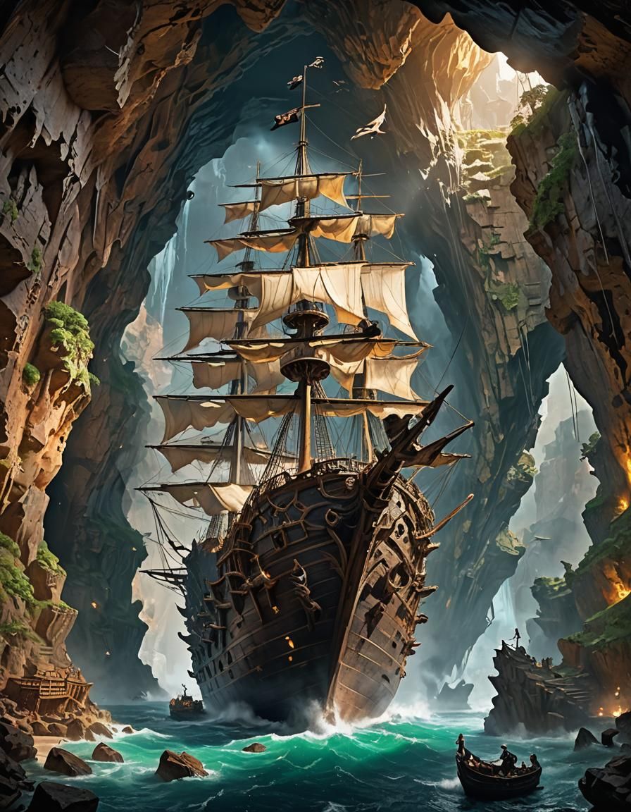 A massive pirate galleon hovers just meters above the ground within a vast stone cavern. The scene is ...  by @Matteo