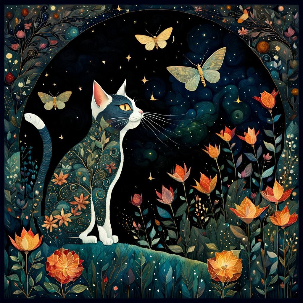 A cat watching moths, at night.  by @Twinwaffle