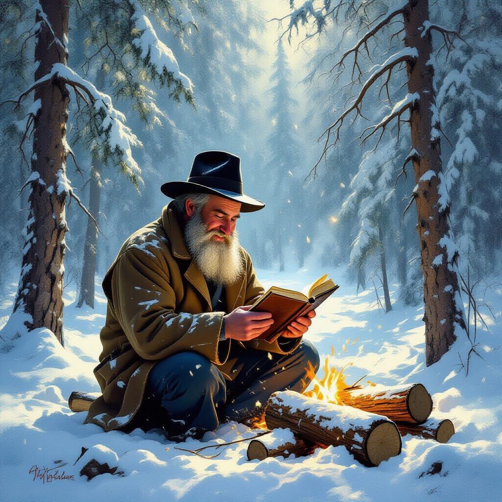 Joyful Haredi Man Studies Torah While Chopping Wood in Snowy...