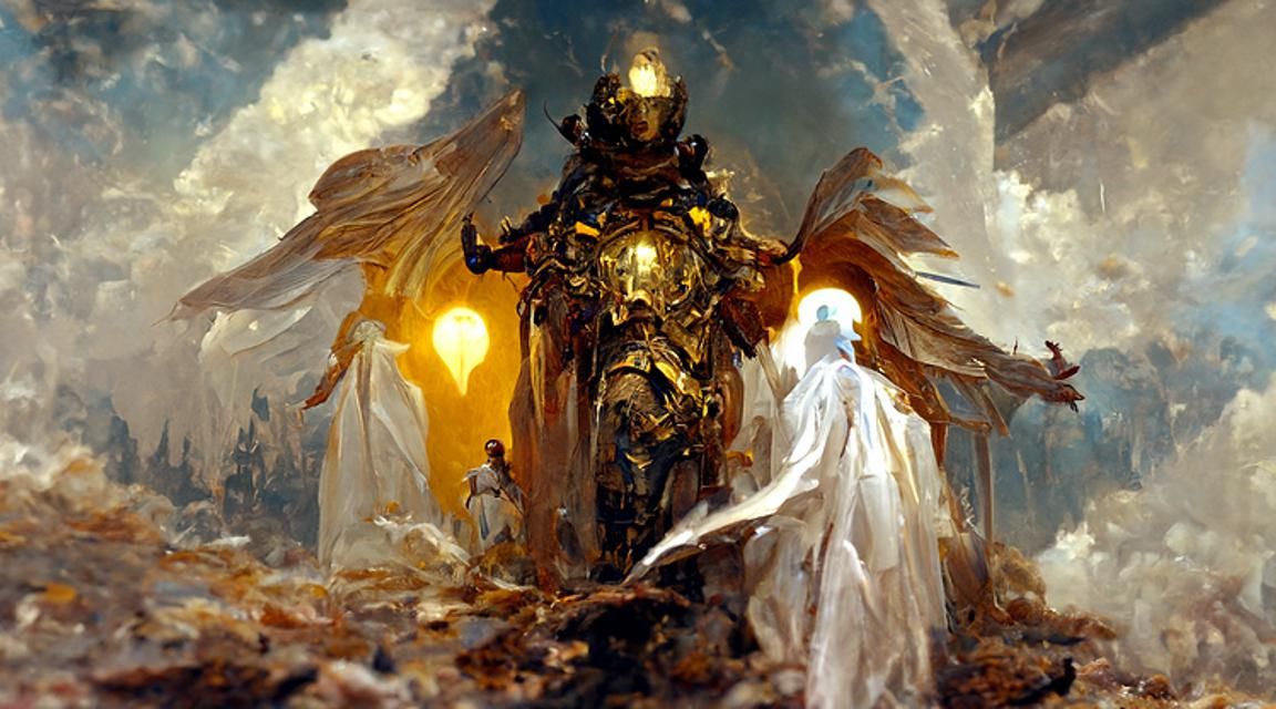 Holy Angel Warrior, Glorious whiterobed figure in detailed gold armor