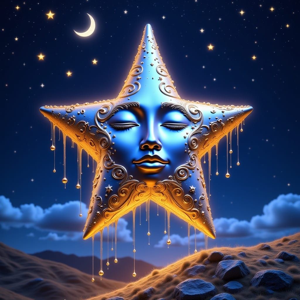 A dripping metallic smiling star is hanging over a hillside on a starry night, baroque, surreal, whimsy, magical, 3D HDR, depth of field, co...