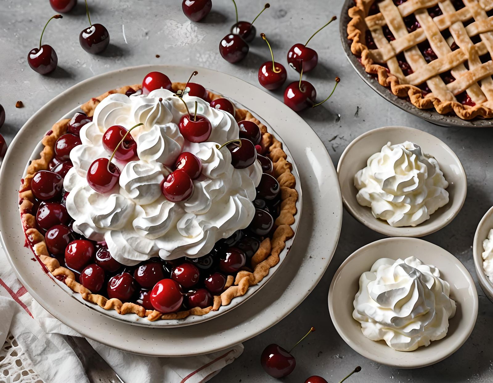 A bowl of cherries near a cherry pie, covered with whipped cream and sugar.  by @Deliverlite 