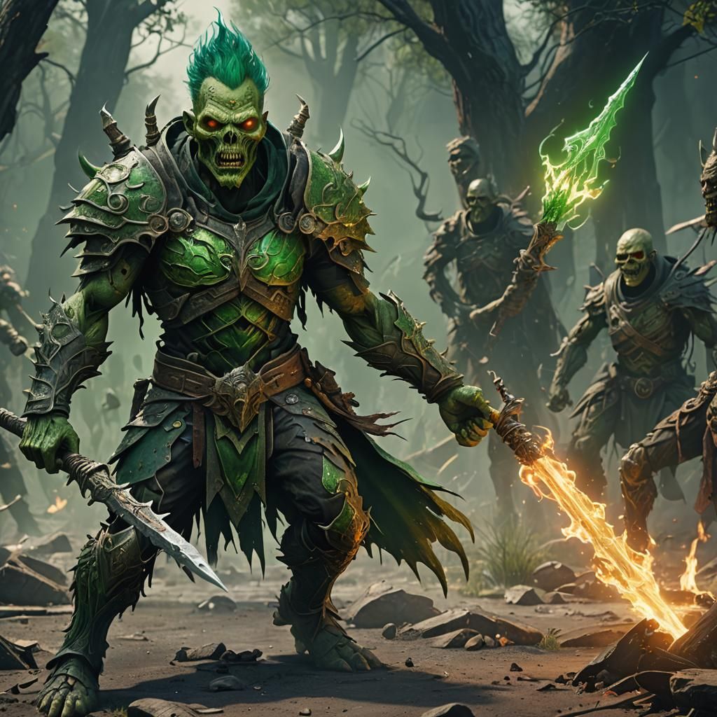 evil green flame zombie super warrior with green spear