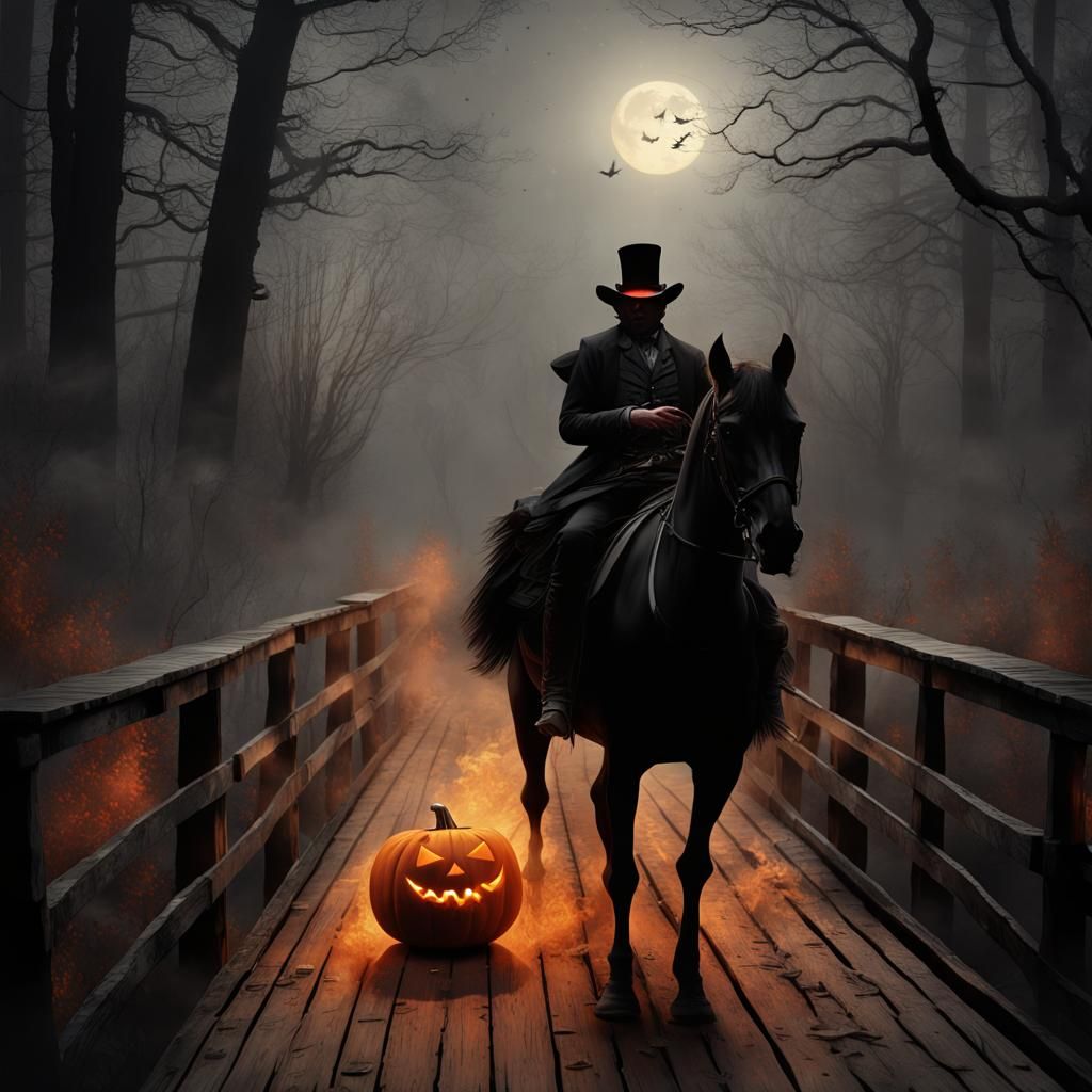 A horseman whose head is obscured in a strange black fog rid...