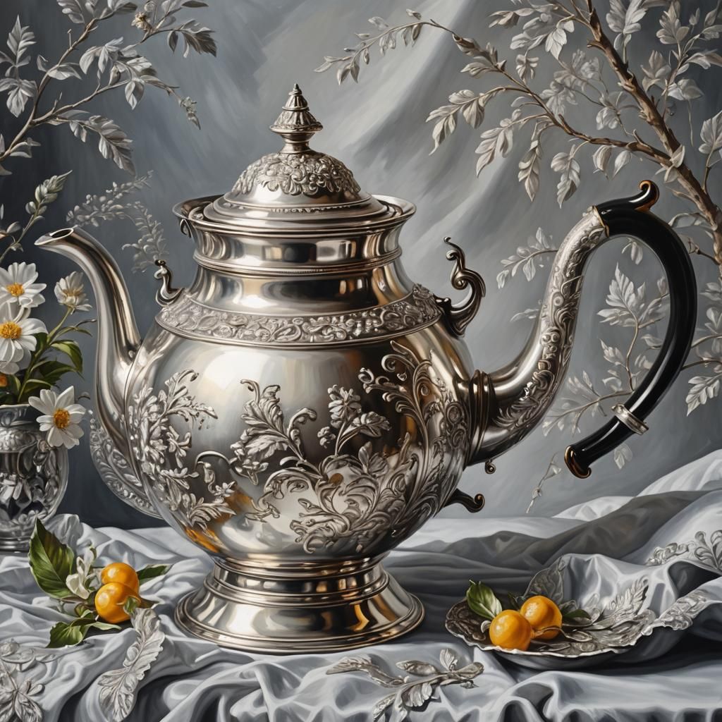 Detailed Oil Painting of a Silver Teapot