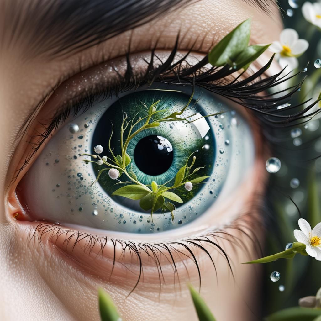 hyperrealistic tiny beautiful world inside a human eye, with...