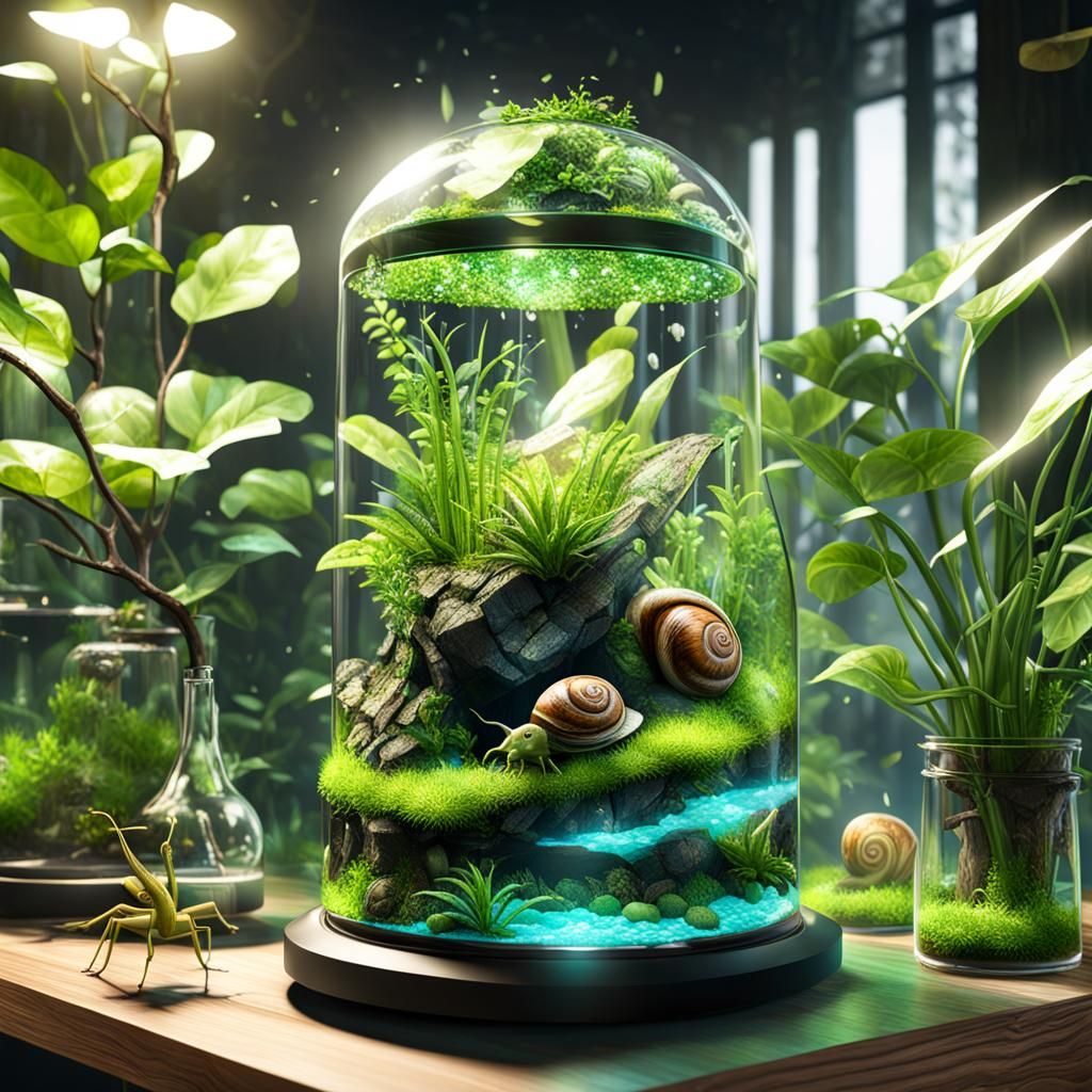 clear water drip vine terrarium,snail,green praying mantis A...