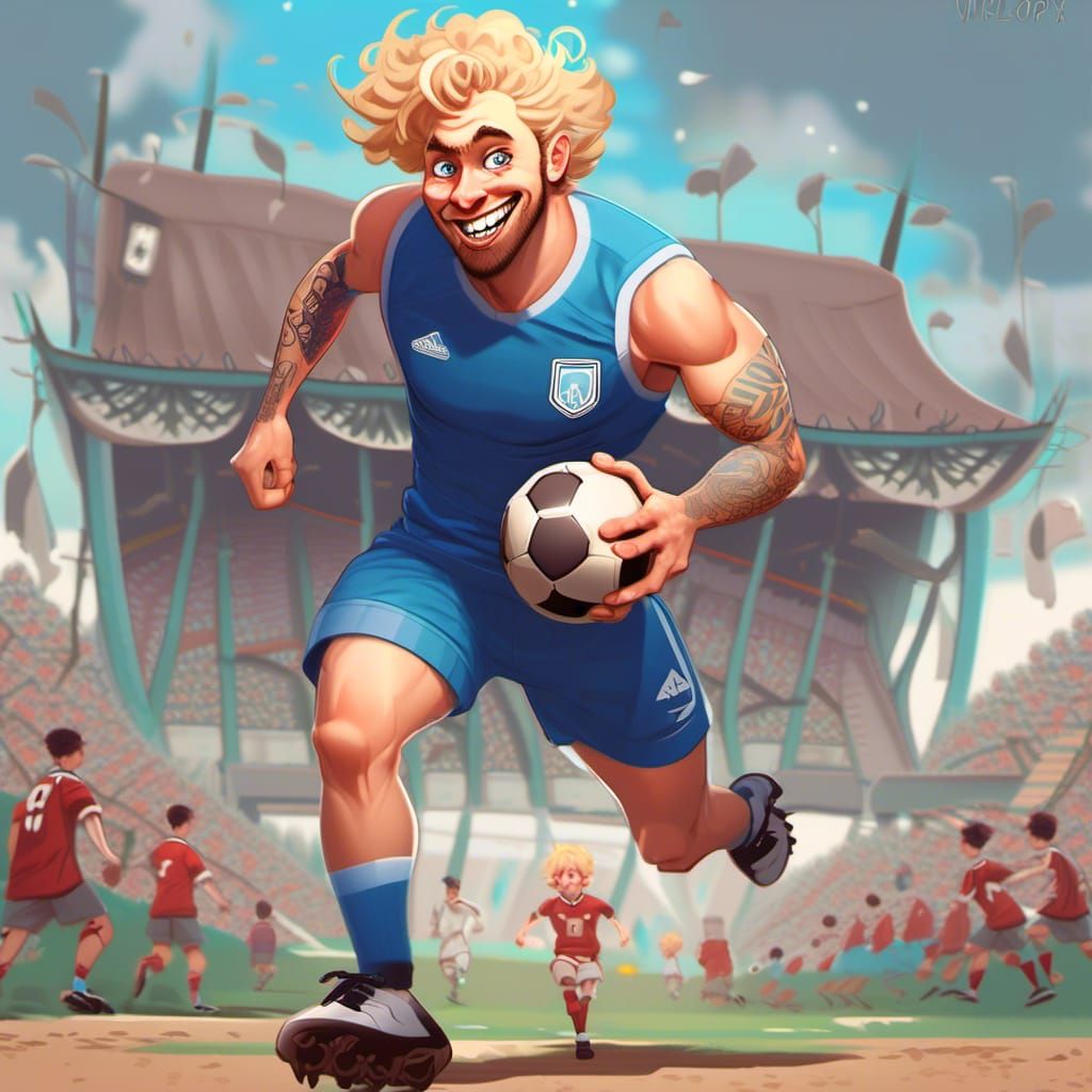 Fun very exaggerated caracature illustration style of an attractive man with some tattoos wearing a blue football kit, very Large head, shor...