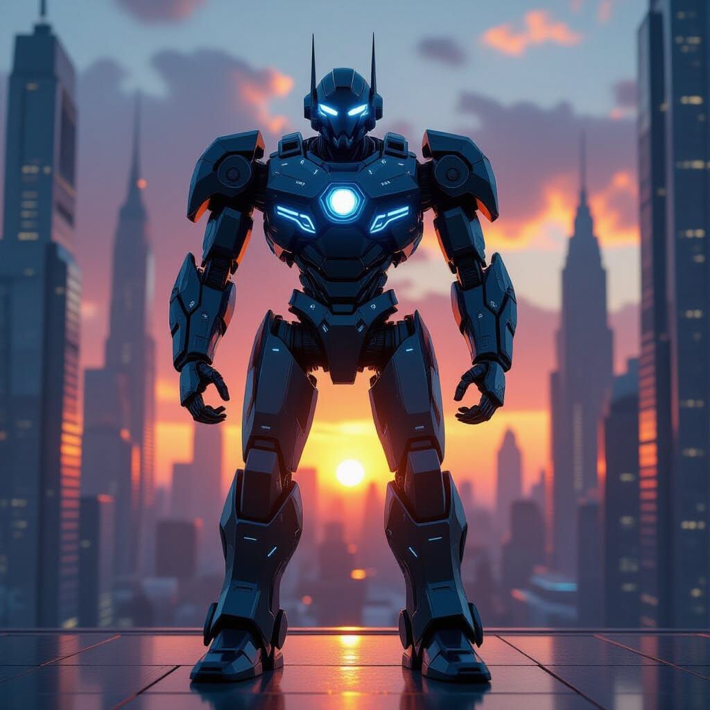 Metallic Robot in Futuristic Cityscape at Sunset