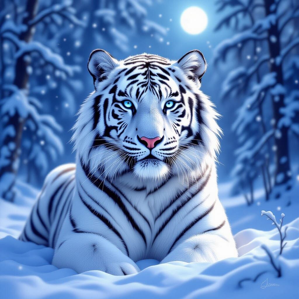 Majestic White Tiger in Moonlit Snowy Forest