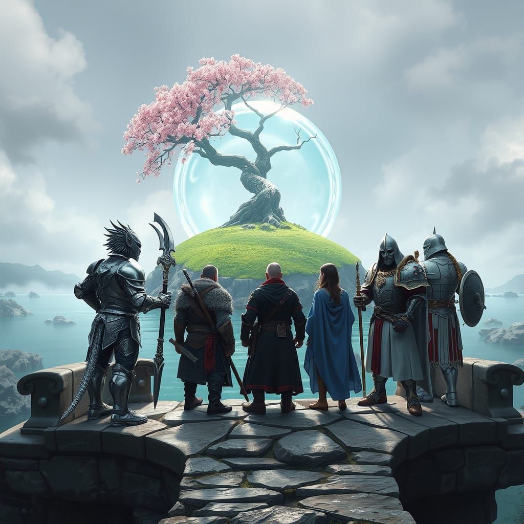 A group of four adventurers on a stone bridge looking into a transparent water door. The scene beyond the door is a Sakura blossom tree with...