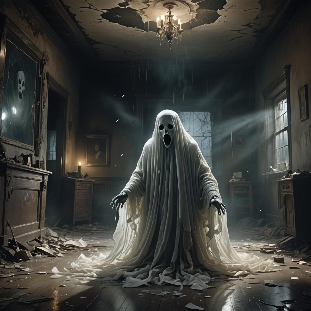 Ethereal Ghost in Abandoned Room: A Surreal Vision