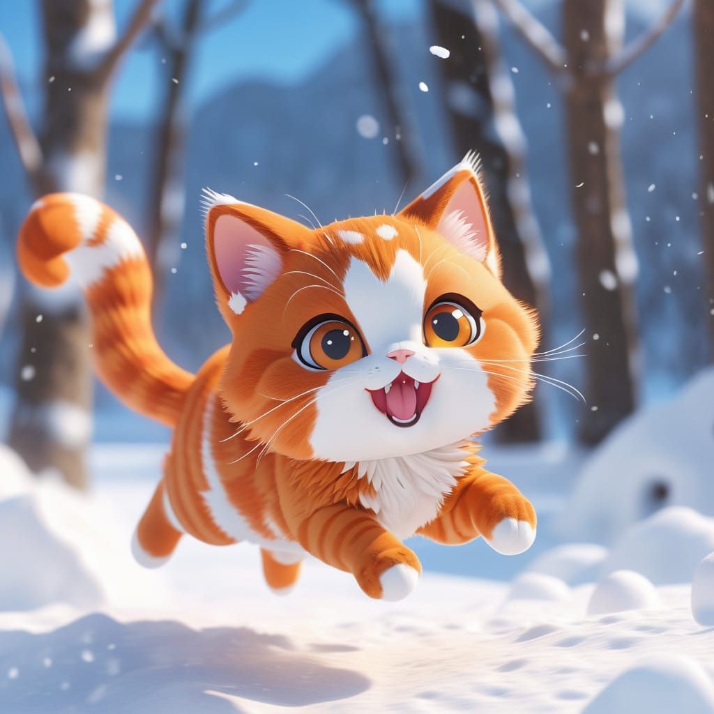 Cute Orange Kawaii Chibi Cat Leaps in Bright Snowy Scene