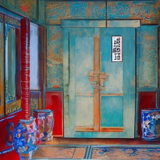 Chinese Screen in Gouache Style Interior Decoration
