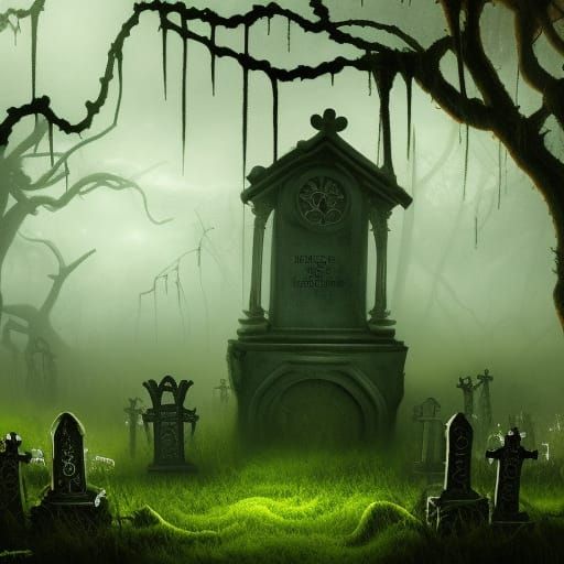 Foggy graveyard covered in vines and moss - AI Generated Artwork