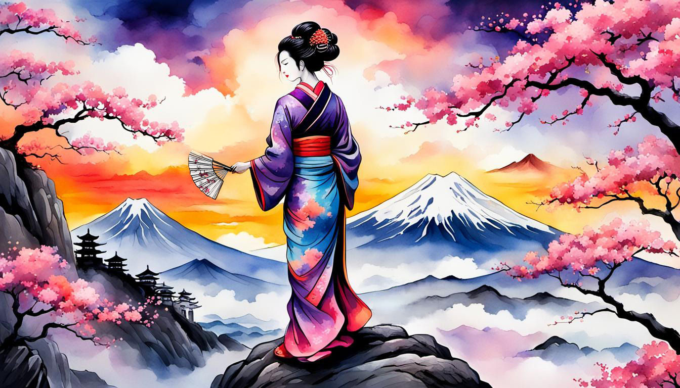 Geisha holding a fan as she enjoys the evening sunset over M...