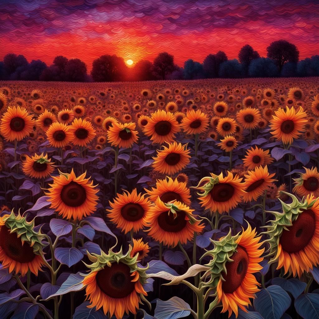 sunflowers, red and purple sunset