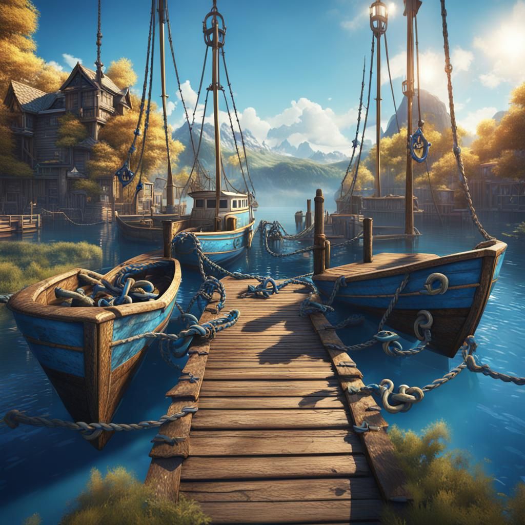sunny day boat dock with blue anchors entwined