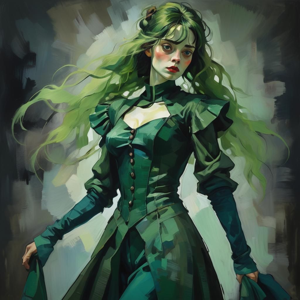 Green stunning, Atmospheric expressionist style reminiscent of Egon Schiele. Soft brushstrokes and bold color palette. Muted greens and blue...