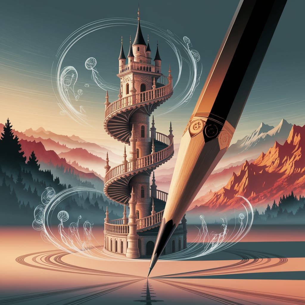 A spiral staircase castle emerging from a giant pencil, floating above misty mountains, where luminous sketches come to life in the air arou...