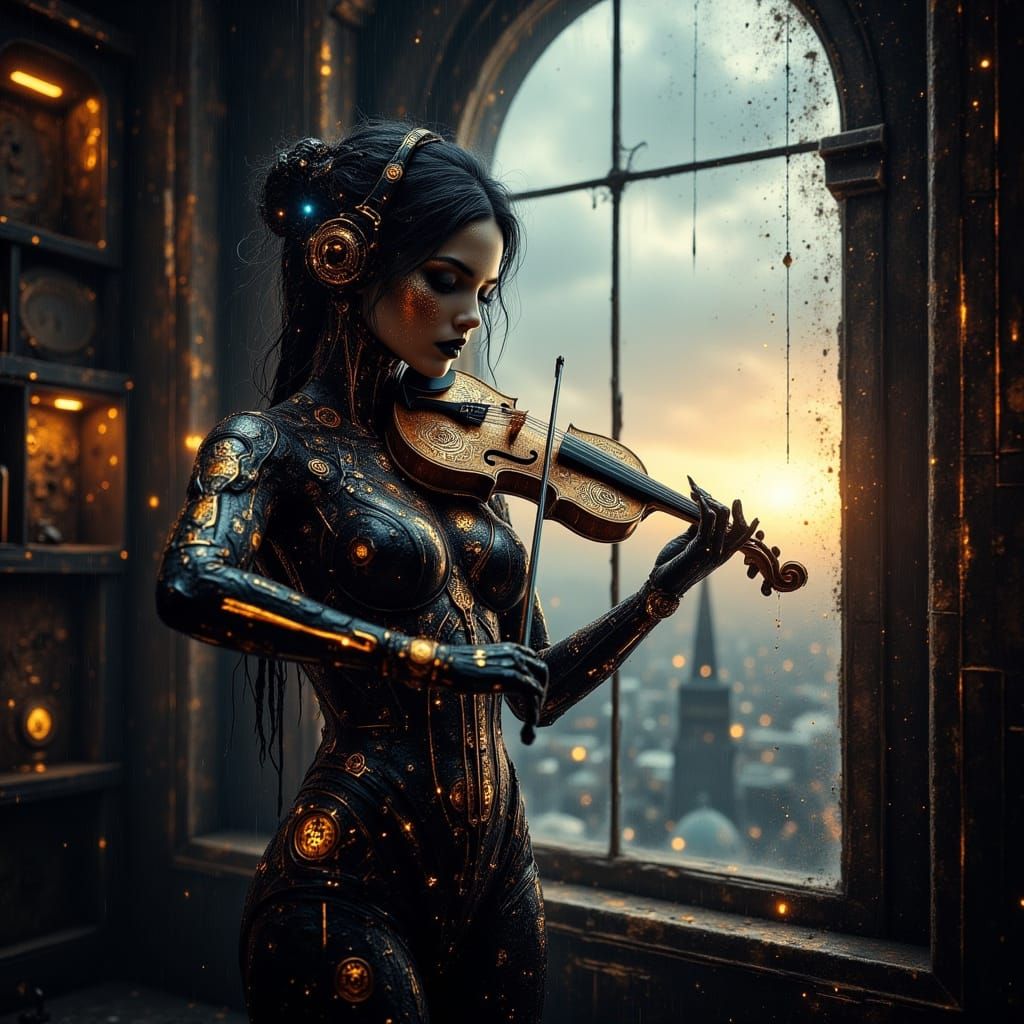 A hyper-detailed steampunk female cyborg playing a beautifully crafted violin beside a tall arched window ...  by @MythsCreator