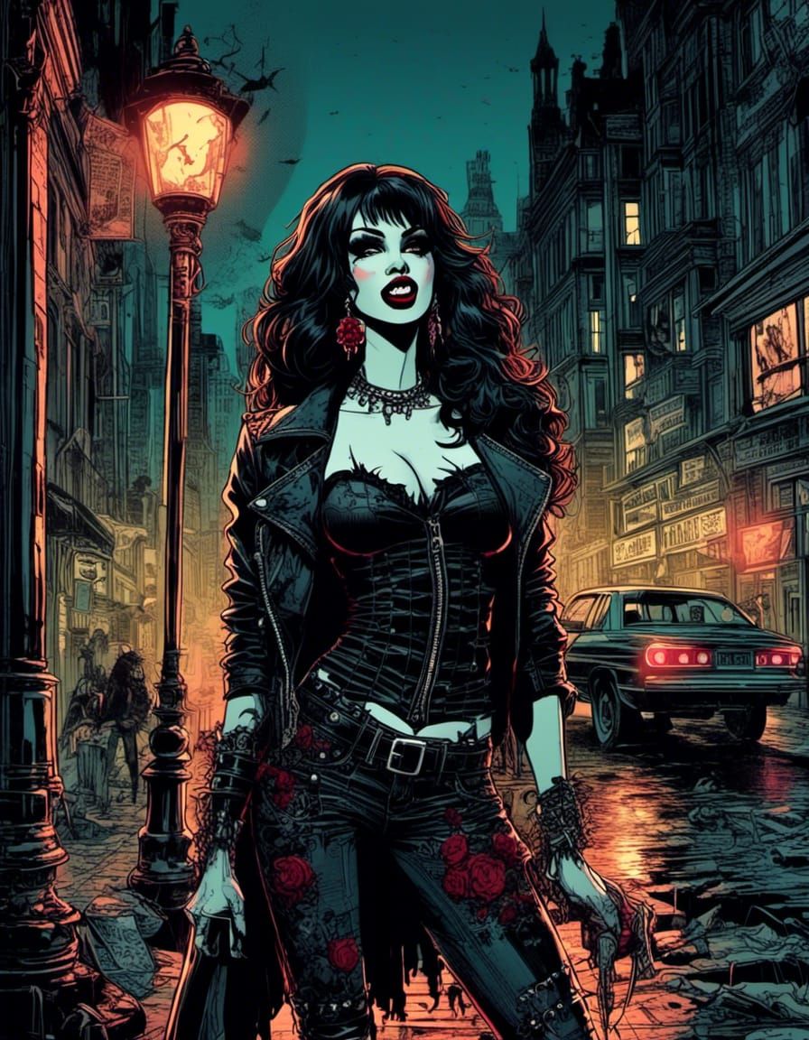 comic-art style full-body portrait of a beautiful gothipunk vampire  woman <lora:Gothipunk Vampires 2:1.2> showing her fangs, at night in a...