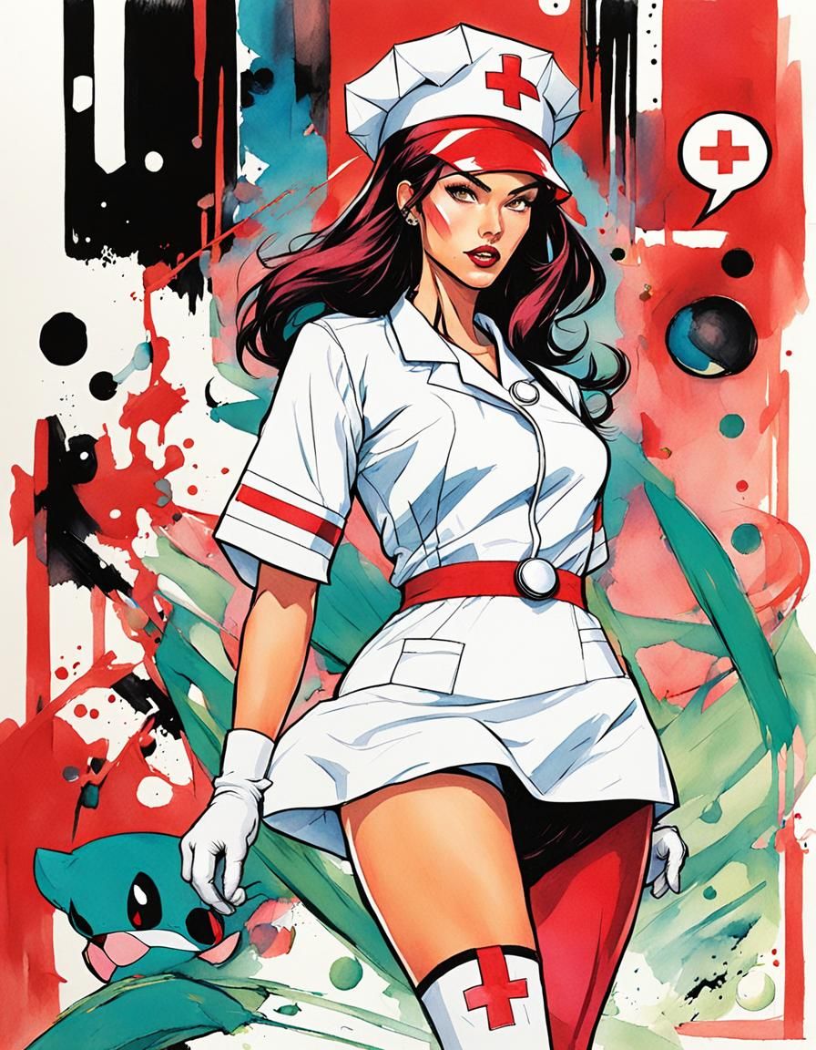 Megan Fox dressed as Nurse Joy from Pokemon ; Acrylic and watercolor, thick  lines. Adult comics. by Lois Van Baarle, Paul Renaud, Jimm Lee,... - AI  Generated Artwork - NightCafe Creator